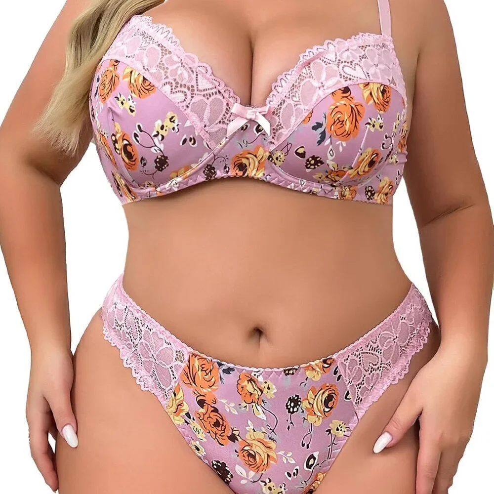 WOMEN'S Purple Floral Sexy Lace Push Up Bra & Babydoll Nightwear Lingerie Set
